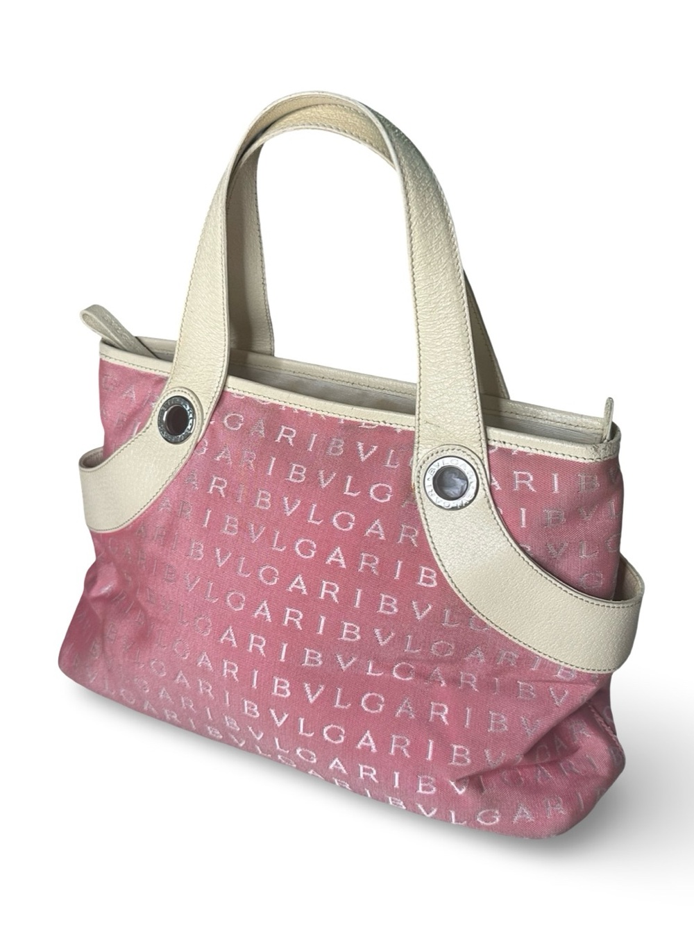 Vintage BVLGARI Pink Logomania Tote - Canvas & Leather Shoulder Bag